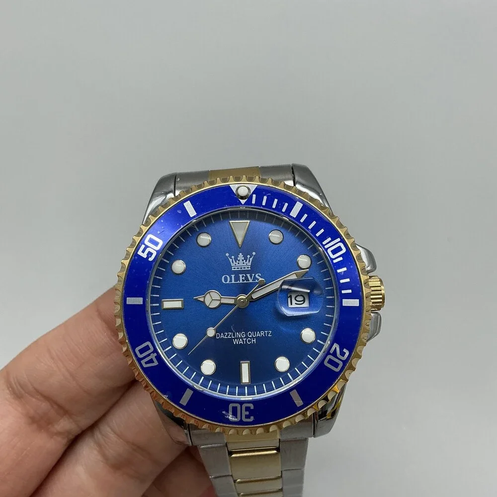 OLEVS Dazzling Quartz Mens Watch 41mm Blue Dial Two Tone Diver Date 8.25